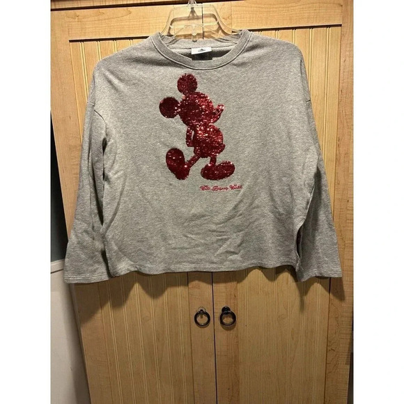 Disney Parks Mickey Mouse Red/ Silver Sequins Flip Pullover Sweatshirt Size XS - Picture 1 of 5